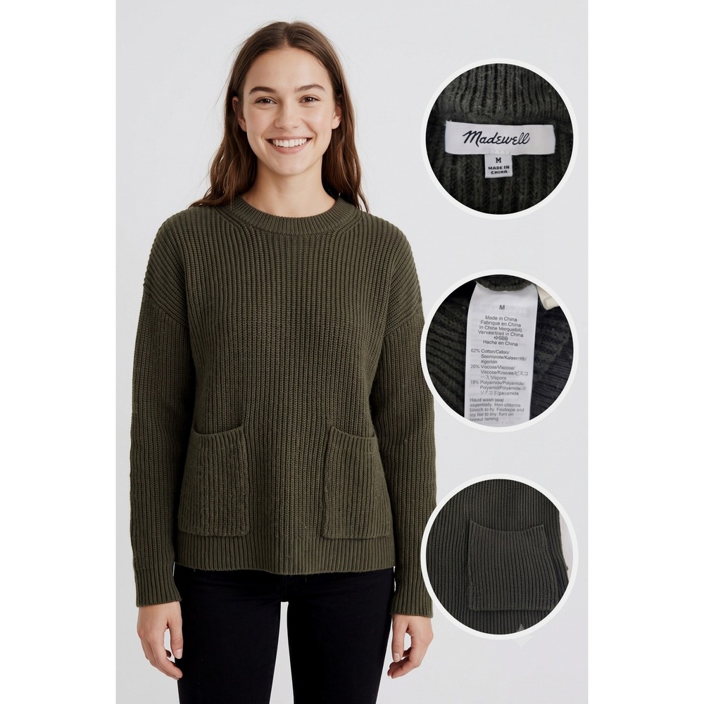Madewell Sweater Womens Medium‎ Olive Green Rib Knit Patch Pocket Split Hem